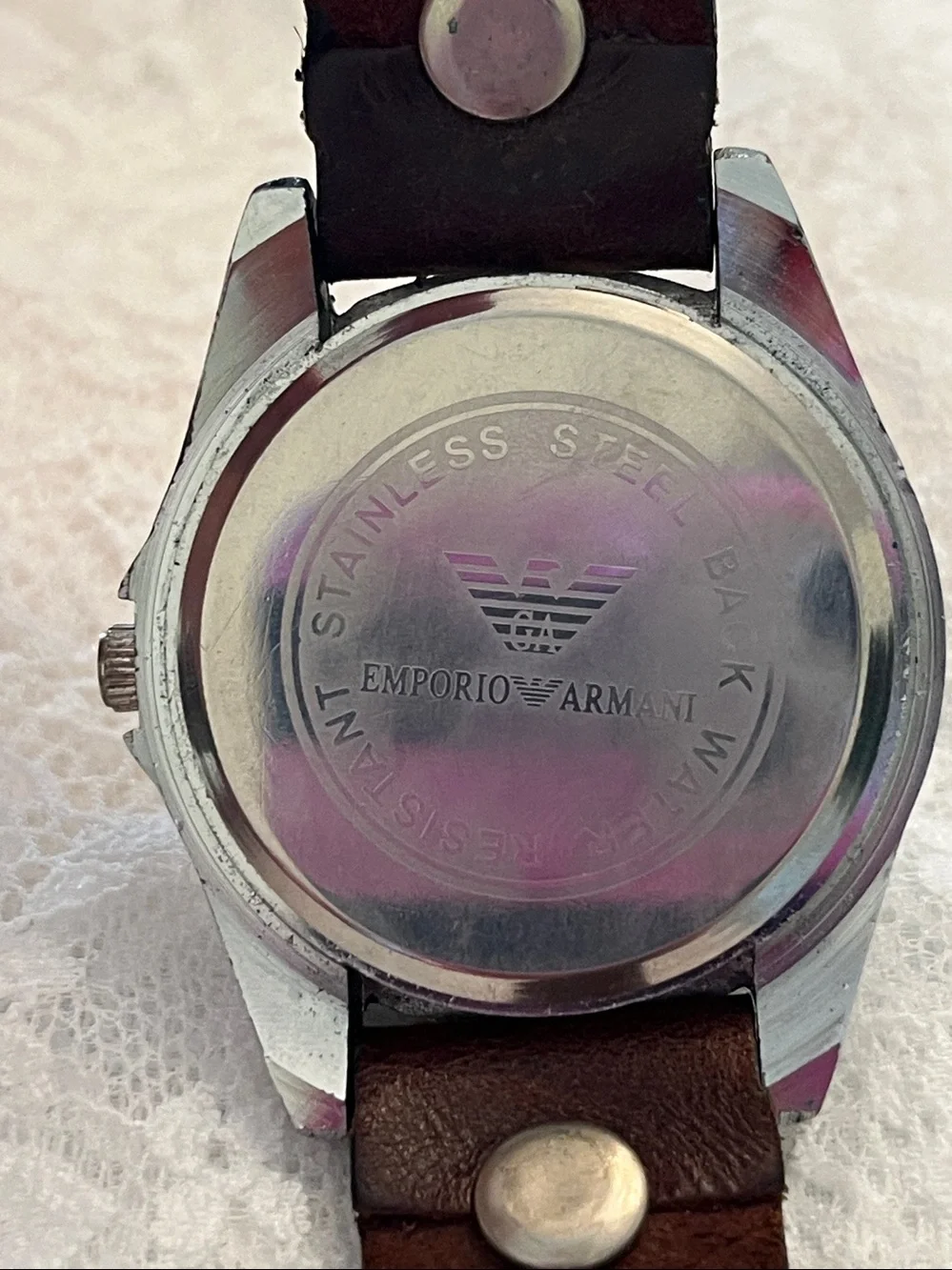 Emporio Armani Silver Dial Watch with Brown Leather Strap